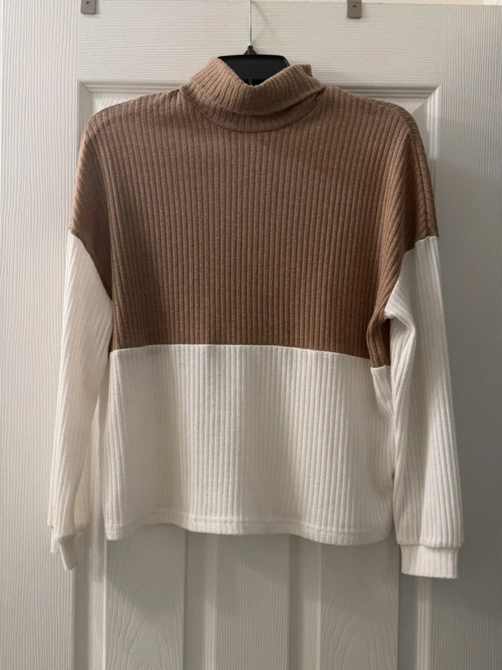 SHEIN Two-Tone Ribbed Turtleneck Sweater - Brown & White - Picture 1 of 3